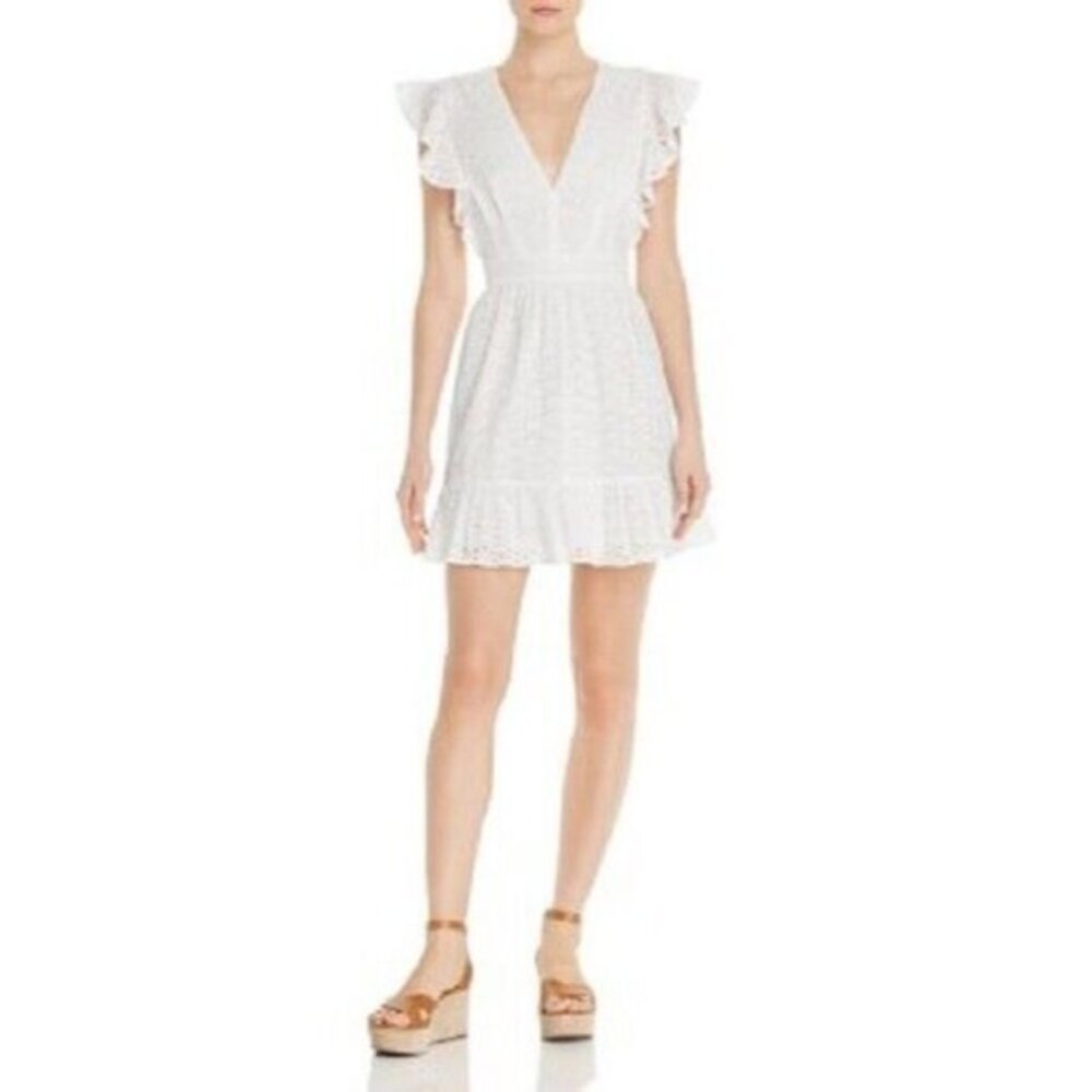 Aqua White Mini Dress Eyelet Ruffle Cotton Short Summer Dress SZ L NWT